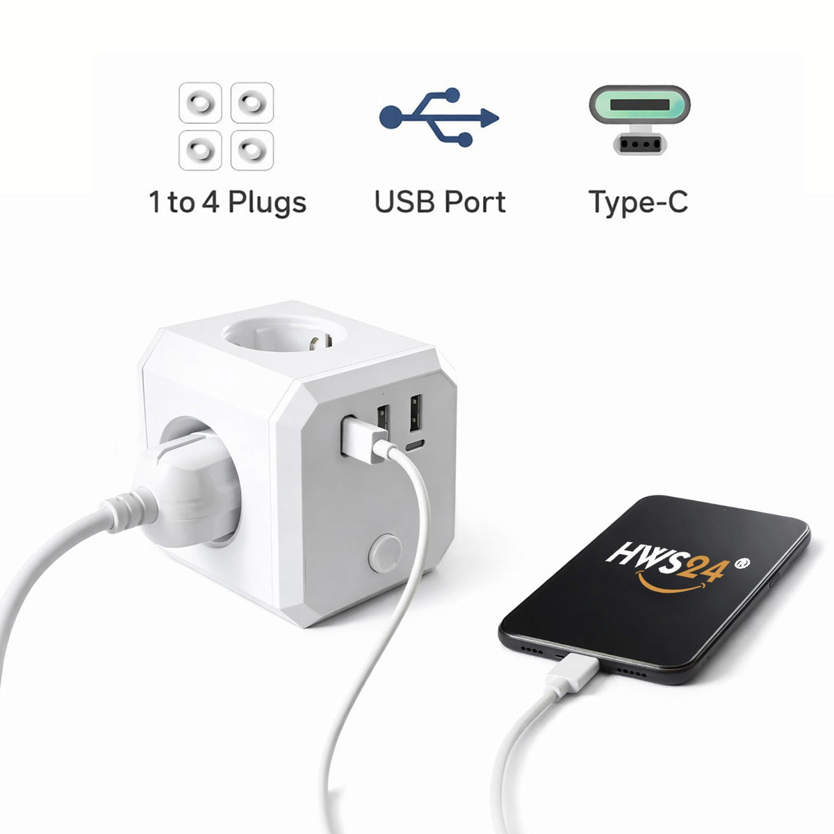 4-fach Steckdosen-Würfel, 3 USB-Ladeports + Halterung Verteiler-Steckdose-Block