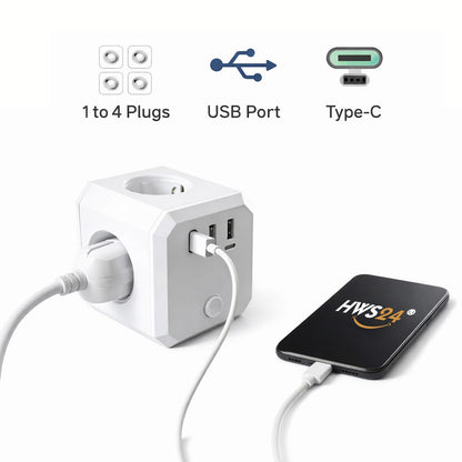 4-fach Steckdosen-Würfel, 3 USB-Ladeports + Halterung Verteiler-Steckdose-Block