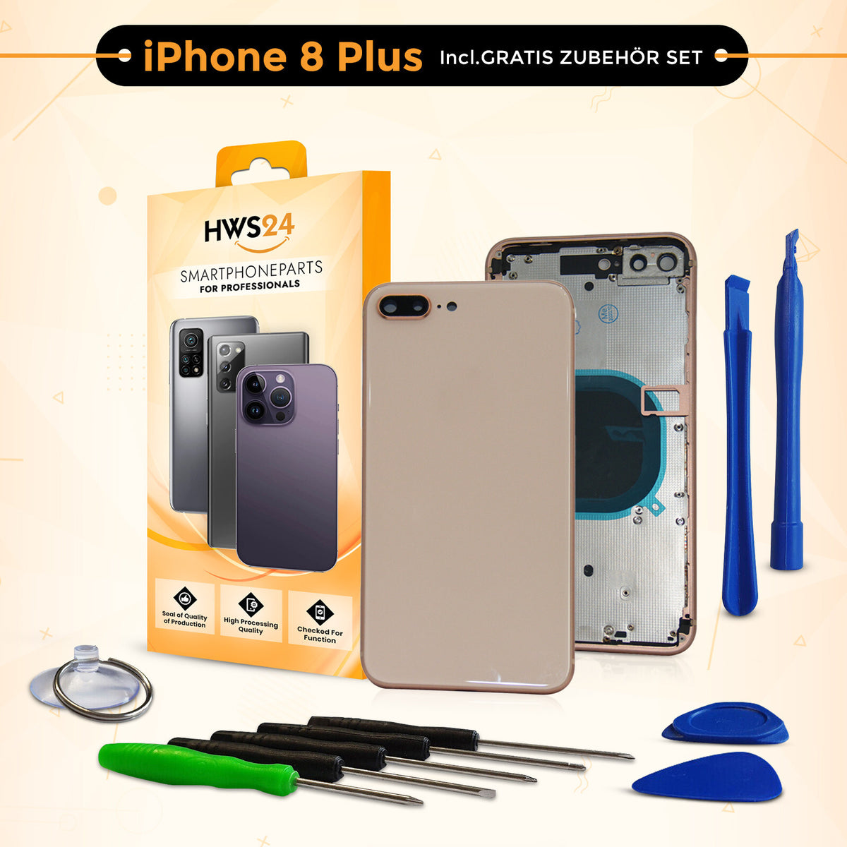 Back cover for iPhone 8 / 8 Plus – back glass housing with frame