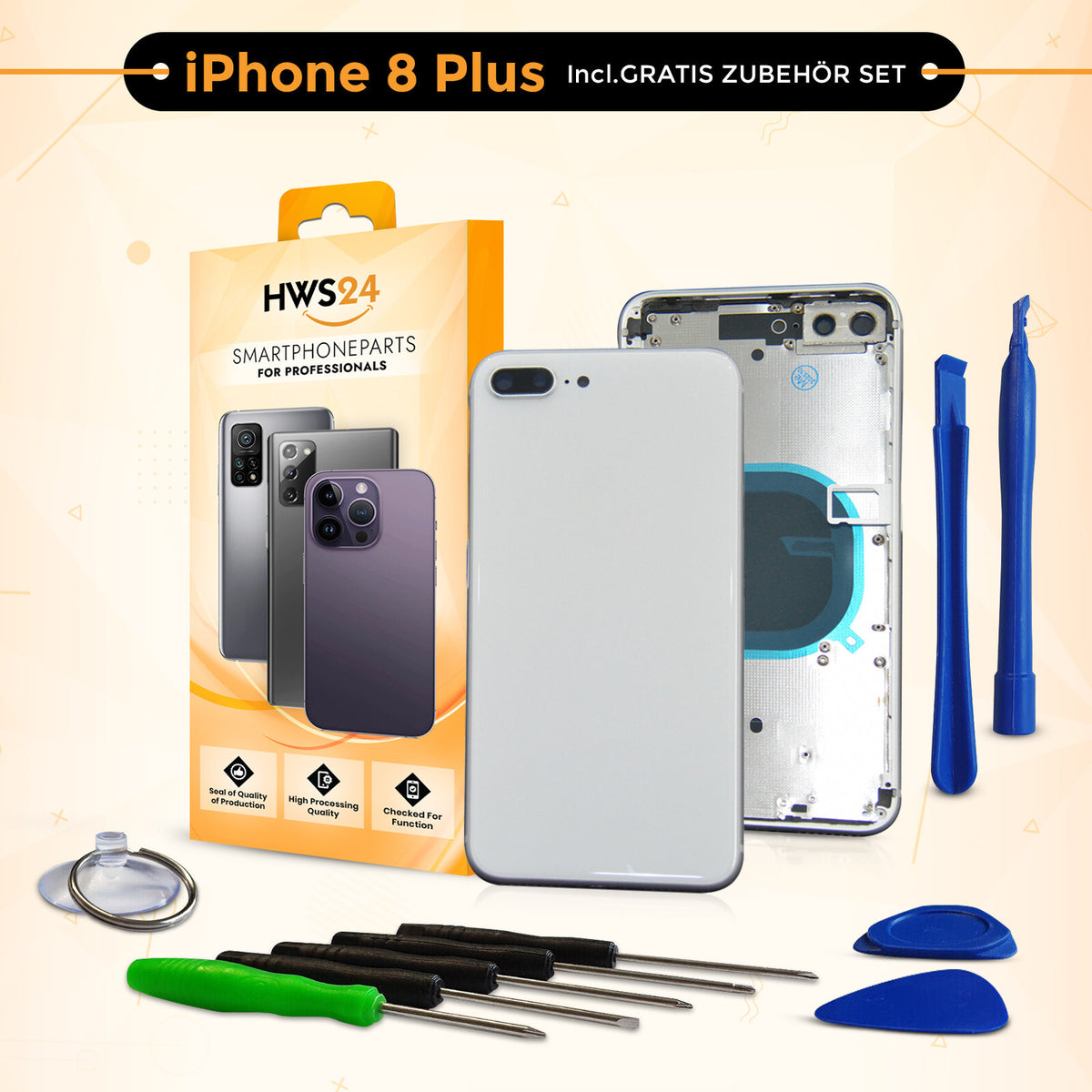 Back cover for iPhone 8 / 8 Plus – back glass housing with frame