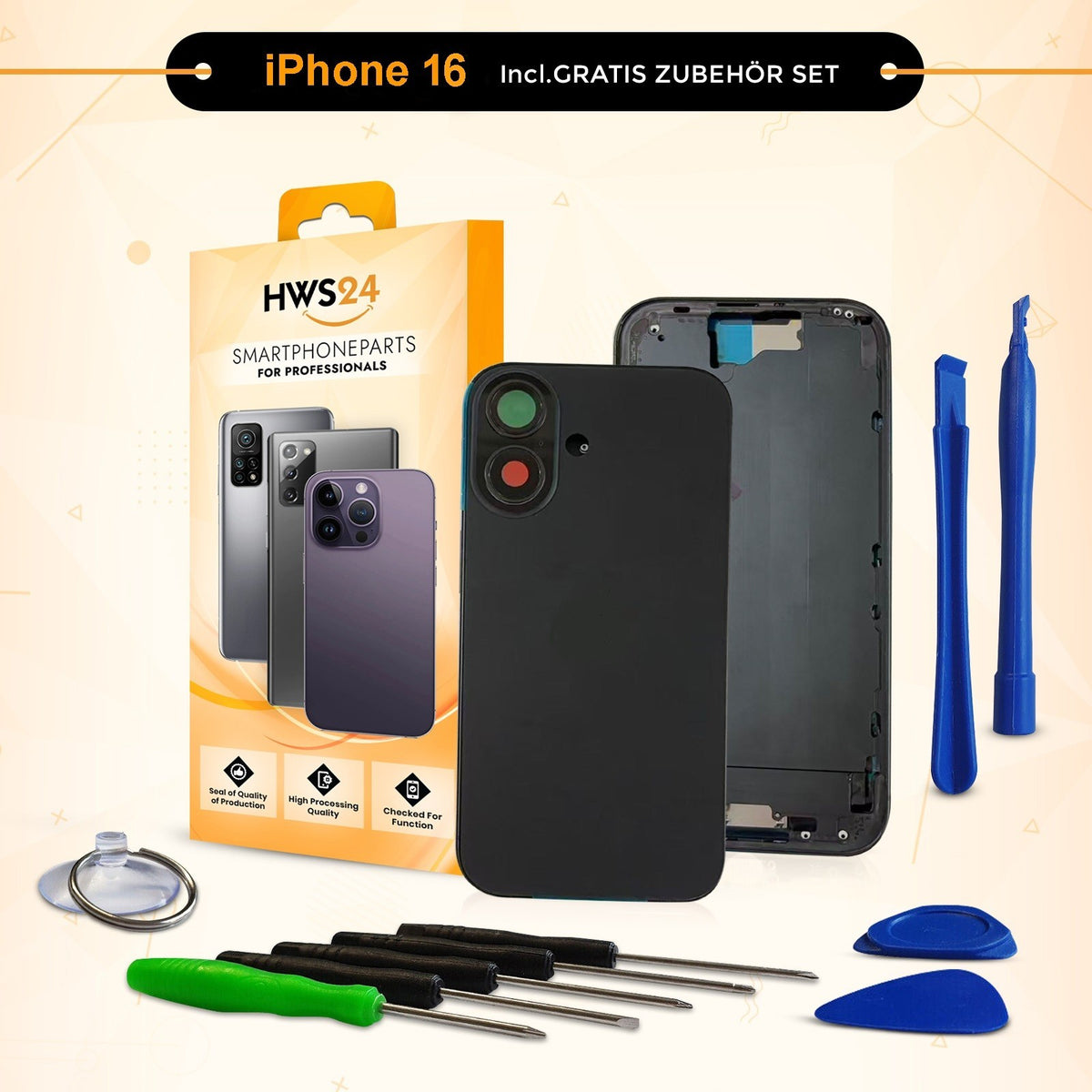 Back Cover for iPhone 16 / Pro / Max / Plus / E / Housing Back Glass Frame