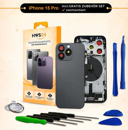 Backcover vormontiert für iPhone 15 Pro / 15 Pro Max - Rückseite Glas Gehäuse