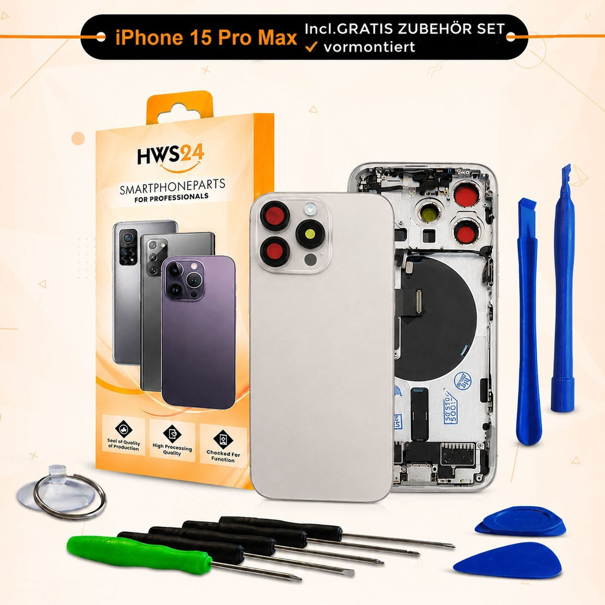 Backcover vormontiert für iPhone 15 Pro / 15 Pro Max - Rückseite Glas Gehäuse