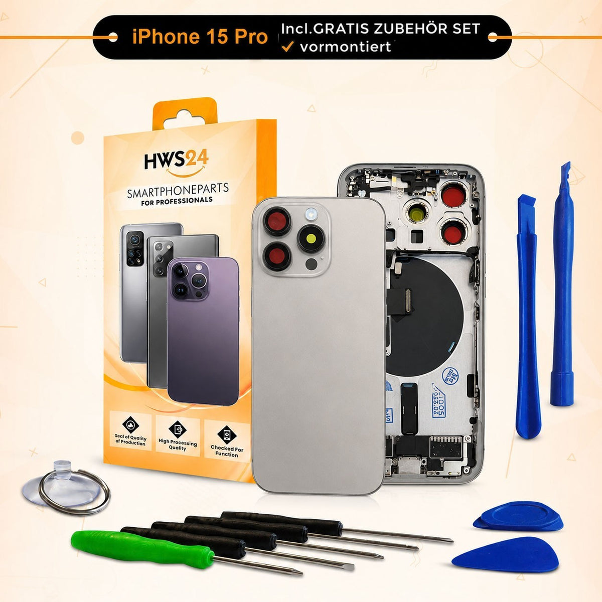 Backcover vormontiert für iPhone 15 Pro / 15 Pro Max - Rückseite Glas Gehäuse
