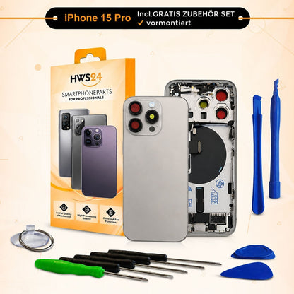 Backcover vormontiert für iPhone 15 Pro / 15 Pro Max - Rückseite Glas Gehäuse
