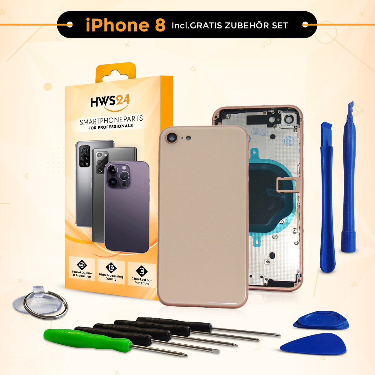 Back cover for iPhone 8 / 8 Plus – back glass housing with frame