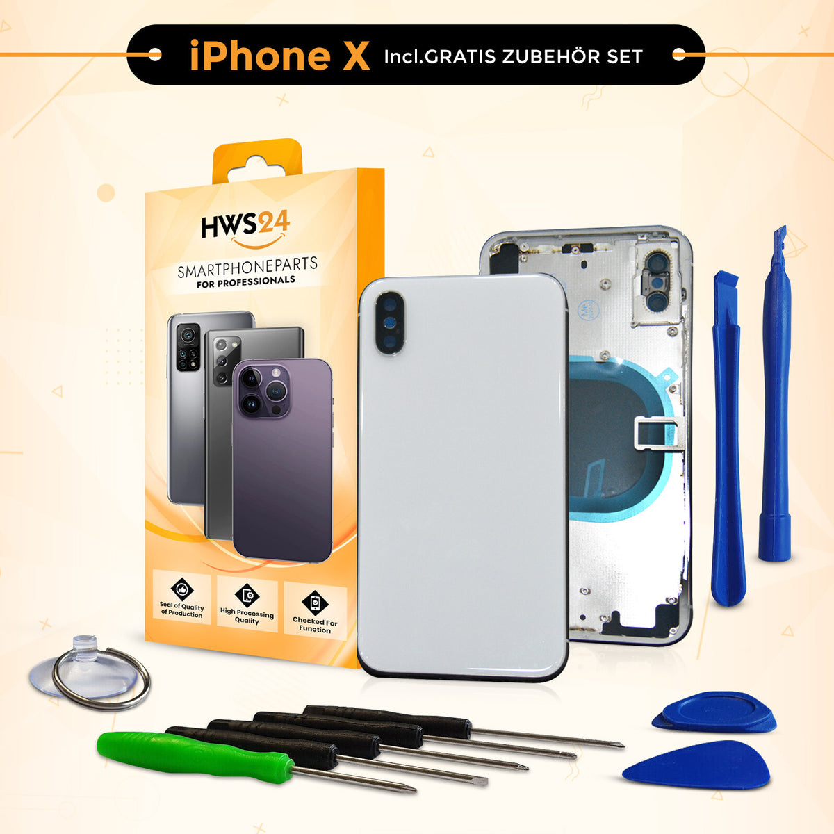 Back cover for iPhone X / XR / XS / XS Max – back glass housing with frame