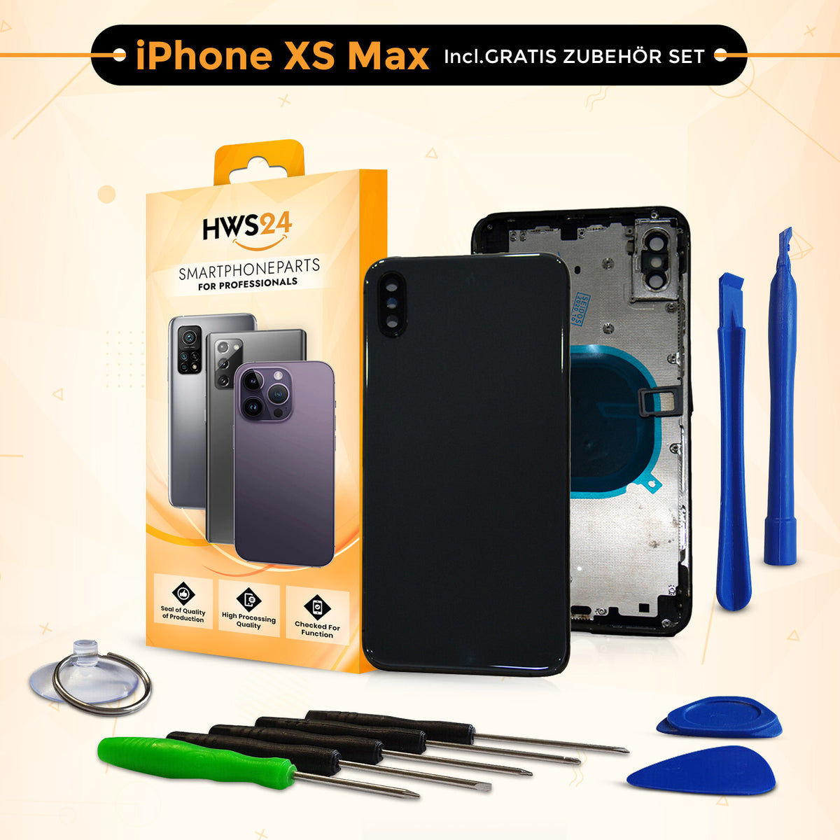 Back cover for iPhone X / XR / XS / XS Max – back glass housing with frame