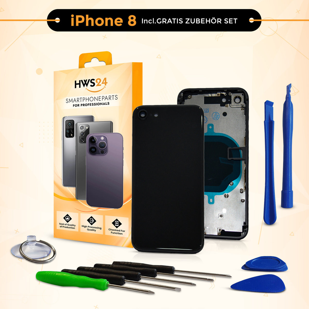 Back cover for iPhone 8 / 8 Plus – back glass housing with frame