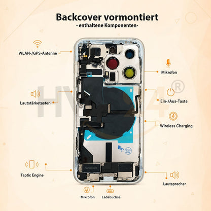 Backcover vormontiert für iPhone 15 Pro / 15 Pro Max - Rückseite Glas Gehäuse